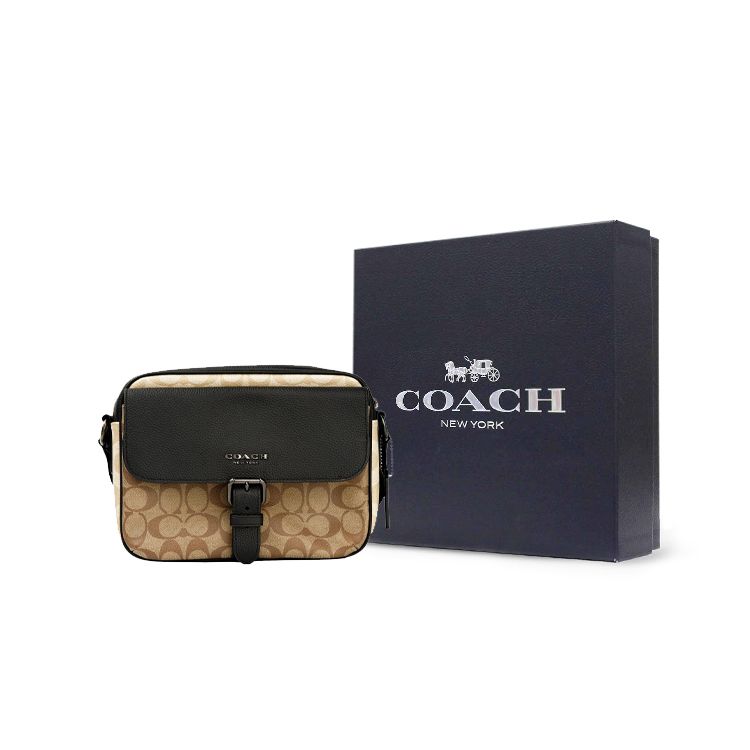 Coach Hudson 23 Classic Monogram Zipper Closure Flap Bag Coated Canvas And Natural Goose Soft Stone Grain Leather Crossbody Bag Small C6080-QBT5K