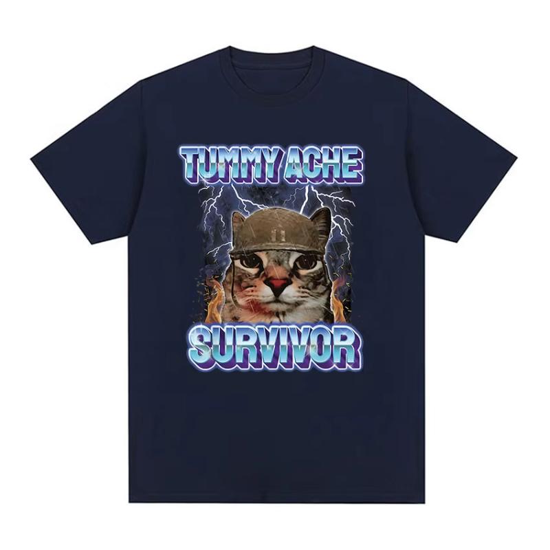 Vintage Tummy Ache Survivor Funny Cat Meme Tee Shirt Unisex Women Clothing Fashion Short Sleeve Tshirt Casual Pure Cotton T Shirts