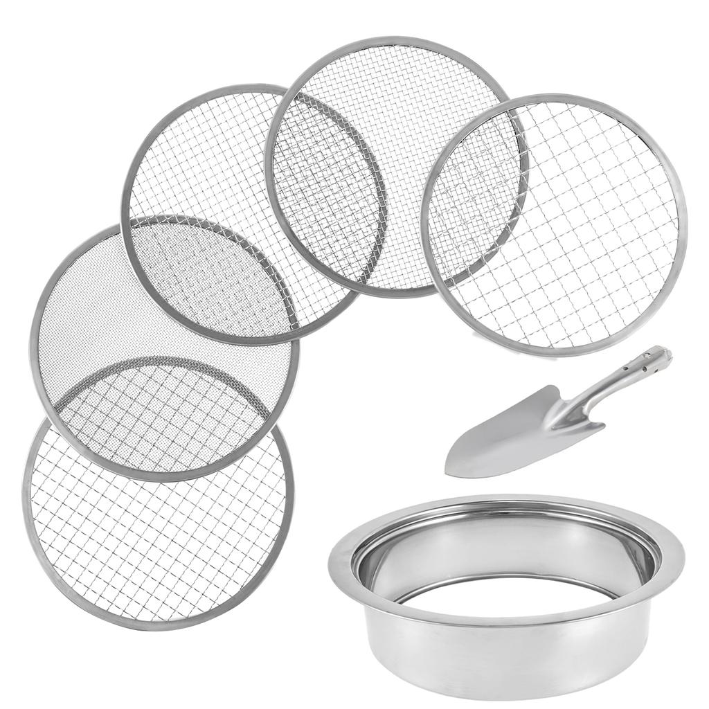Soil Sieve Set with 9.45inch Diameter 5 Grid Sizes 1/3/6/9/12mm Interchangeable Meshes Stainless Steel Riddle Sieve Set with