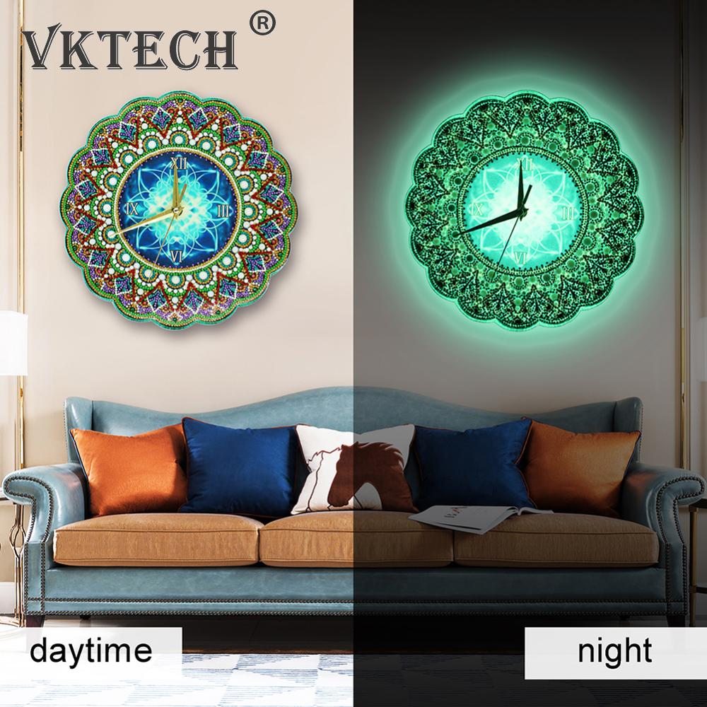 Mandala Luminous Diamond Painting Clock DIY Full Drill Special Shape Diamond Painting Cross Stitch Wall Clock Home Decor Gift