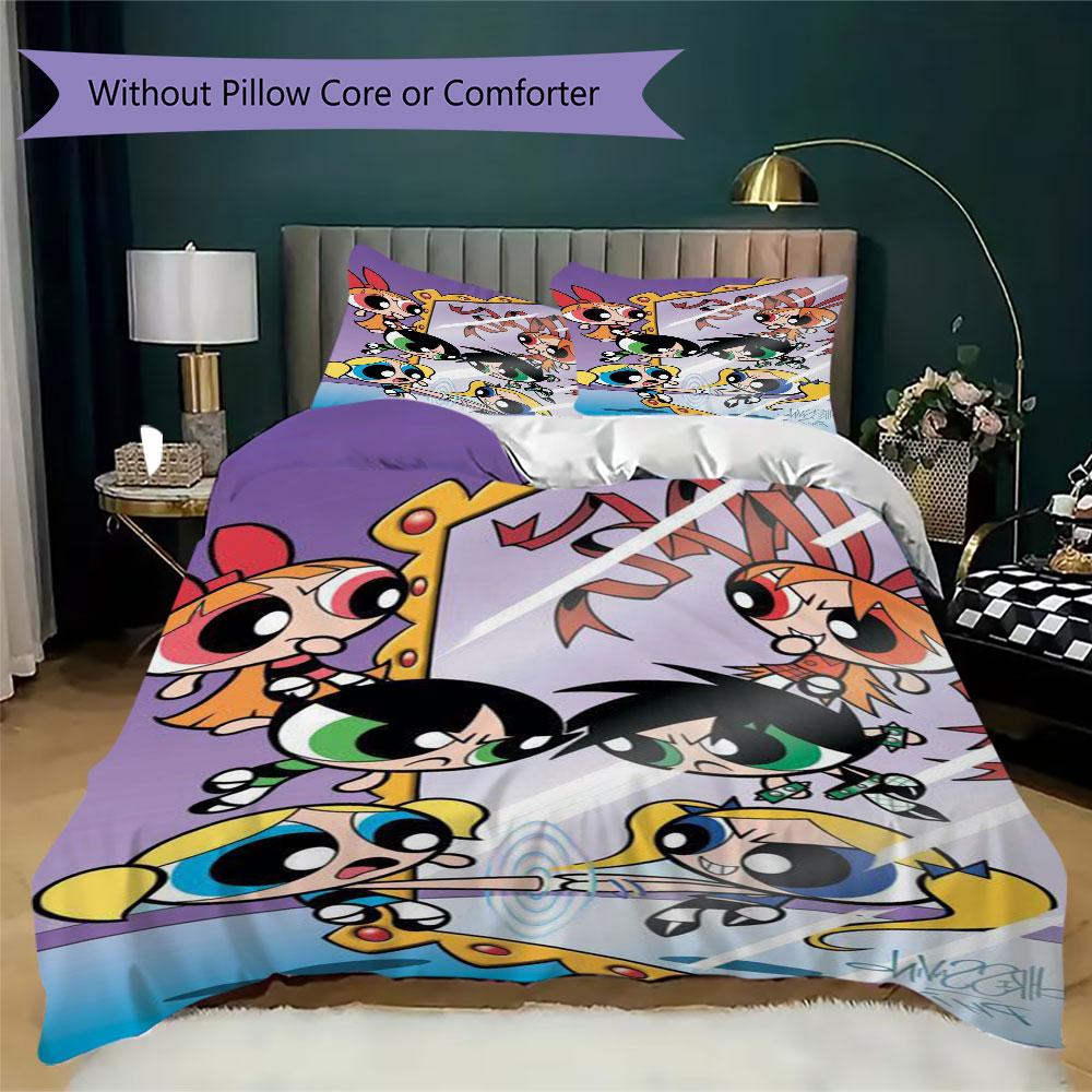 Cartoon Powerpuff Girls print children's duvet cover set, soft and skin-friendly, available in multiple sizes, bedroom bedding.