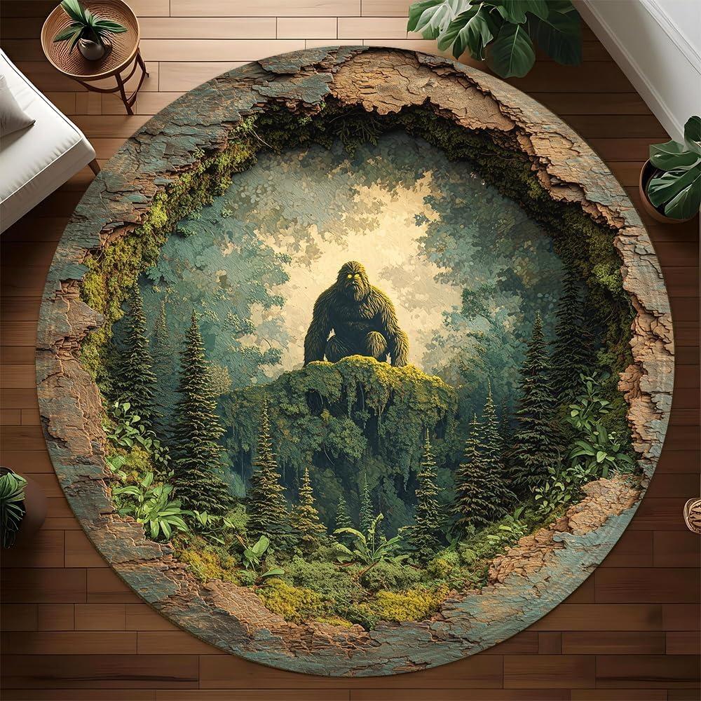 2D Jungle Gorilla Round Rug Poly Forest Tunnel Gorilla Circular Rug Fantasy Wildlife Decor Non-Slip Floor Mat for Living Room