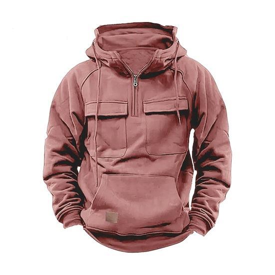Men's Large Patch Pocket Drawstring Long Sleeve Half-Zip Hoodie