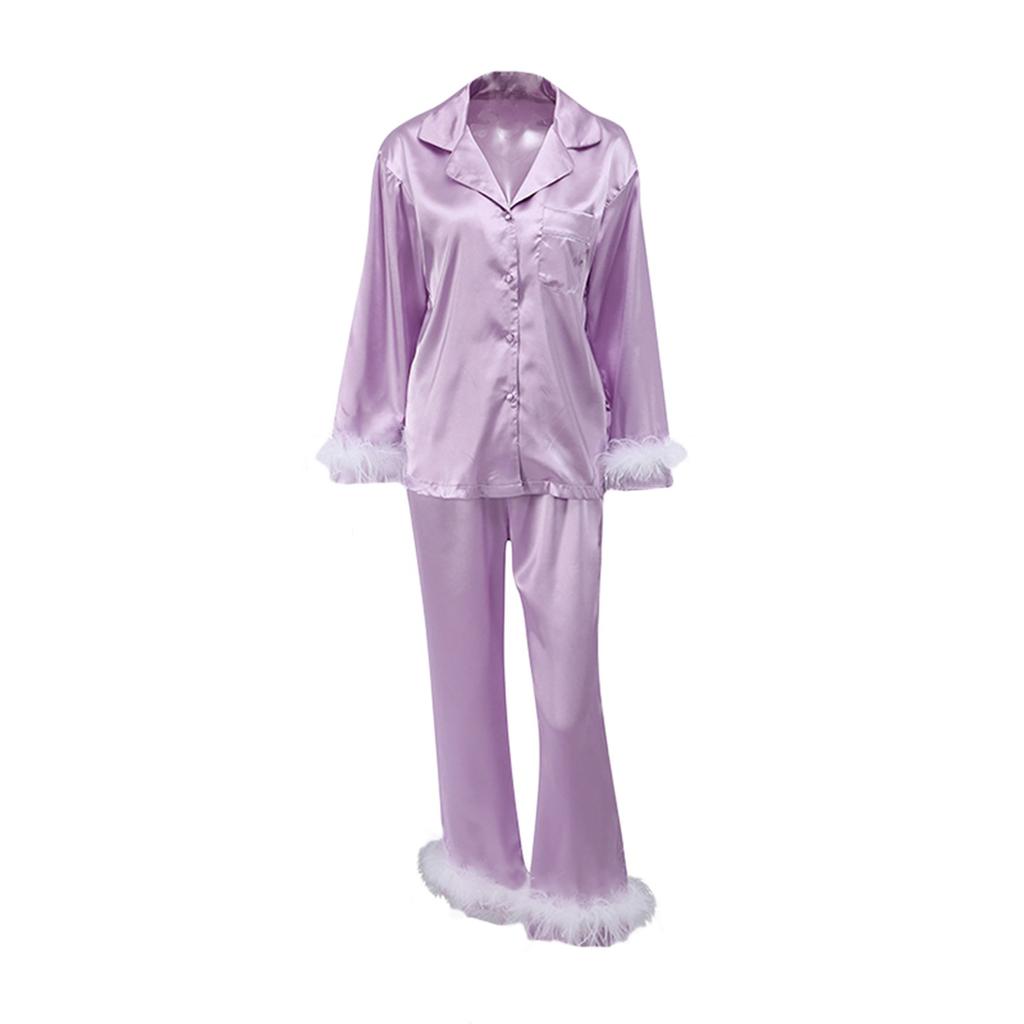Women's Sleepwear, Feather Decoration Long Sleeve Button-Down Lapel Collar Tops + Pants Pajamas Set