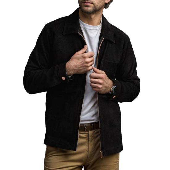 Men Coat Lapel Long Sleeve Solid Color Suede Jacket with Double-Ended Zipper Pockets Casual Street Style Outerwear