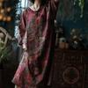 Women Vintage Print Floral Dress V-Neck Autumn Loose Chinese Style A-Line Dress