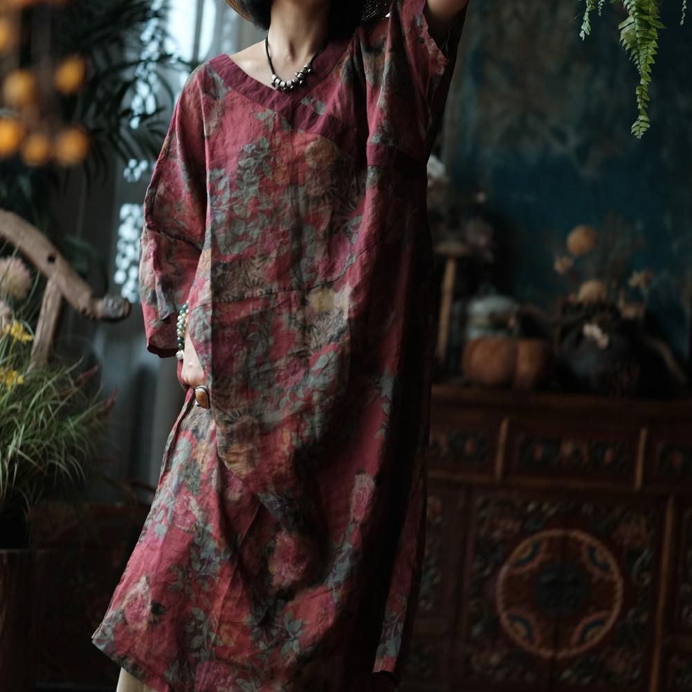 Johnature Женское винтажное платье с цветочным принтом, V-образным вырезом, осеннее, свободного кроя, в китайском стиле, А-силуэта