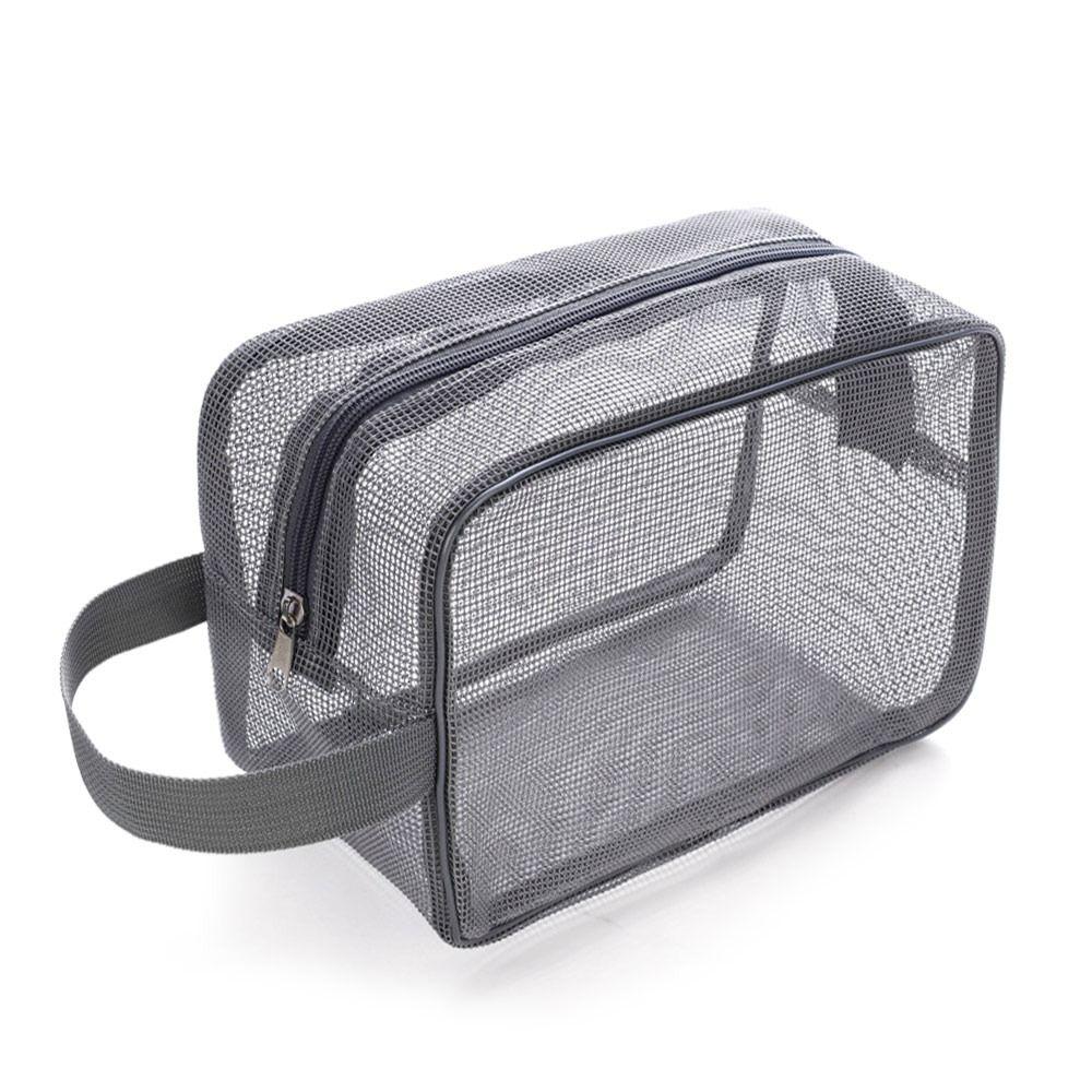 Portable Grey Blue Mesh Shower Bag Mesh Beach Makeup Handbag Leaking Water Foldable Gym Tote Bag Bathroom Shower Organizer