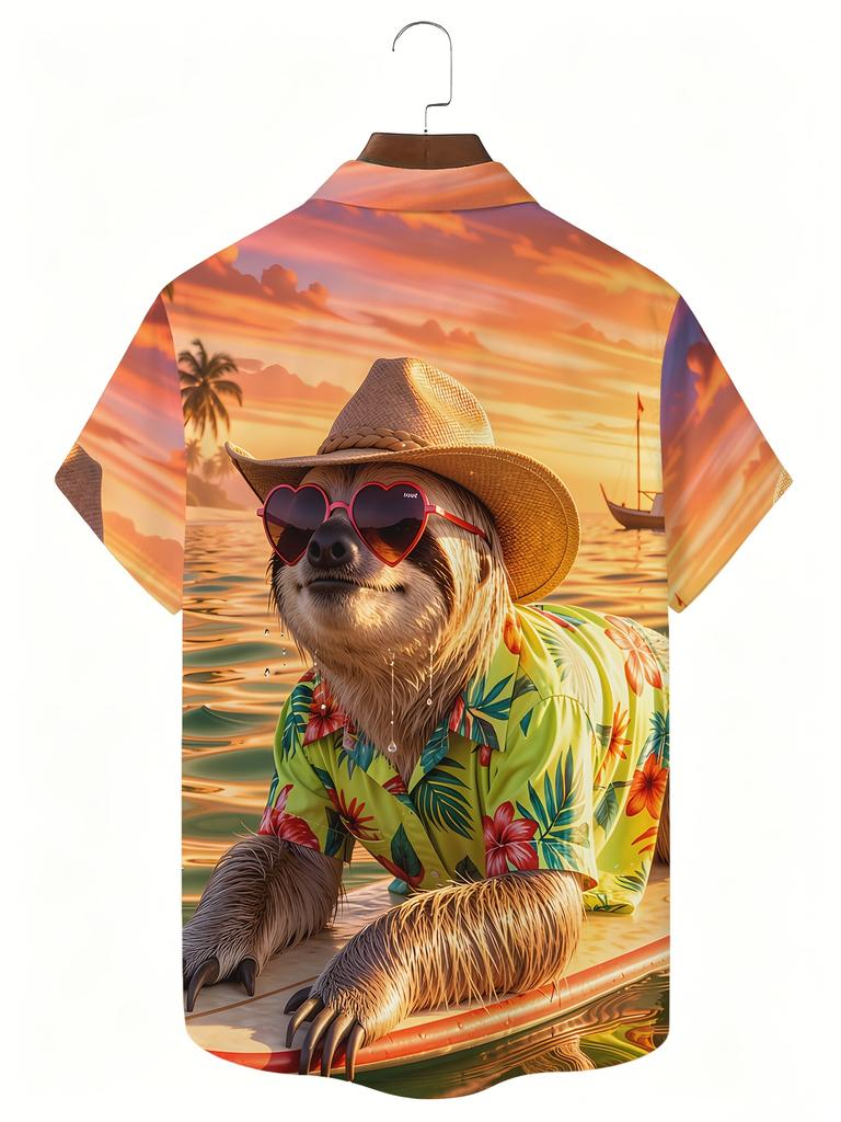 Men's Hawaiian Short-Sleeve Button-Up Shirt with Sloth Print Lapel Collar - Breathable Non-Stretch Polyester Tropical Shirt Suitable for Beach