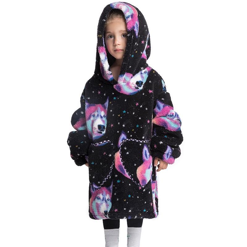 Kids Plush Hooded Pullover Loose Warm Coat Heart Shaped Pocket Cute Cartoon Printed