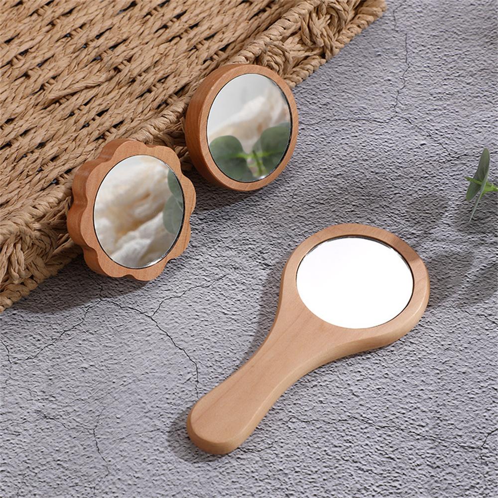 Wooden Hand Mirror Vintage Portable Round Cosmetic Mirror Compact Makeup Vanity Hand Held Mirror Women Travel Mirrors