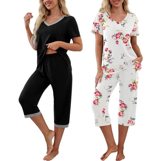 Women's Two Piece Pajamas Set V Neck Short Sleeve Top And Wide Leg Capris Pants Loose Lounge Set with Pockets