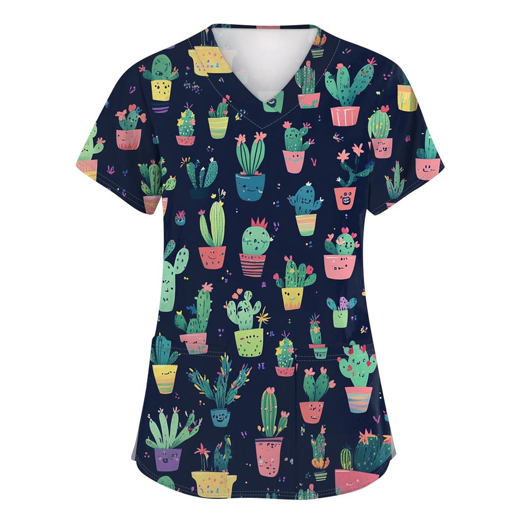 Женская модная футболка с короткими рукавами и v-образным вырезом с принтом, маленькая рабочая футболка с карманами