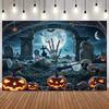Halloween Full Moon Night Background Photography Gothic Tombstone Zombie Hand Pumpkin Lantern Spider Web Skull Photo Backdrop33