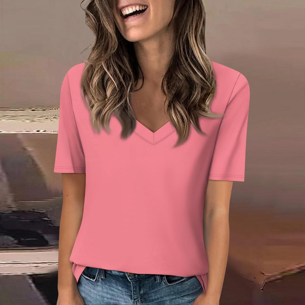 Женская футболка с v-образным вырезом, топ с короткими рукавами, повседневная однотонная футболка