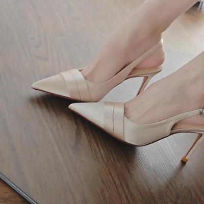 2025 весна новые туфли с острыми каблуками босоножки с одним словом пуговицы шпильки высокие каблуки сексуальные шампанское женские одинарные туфли