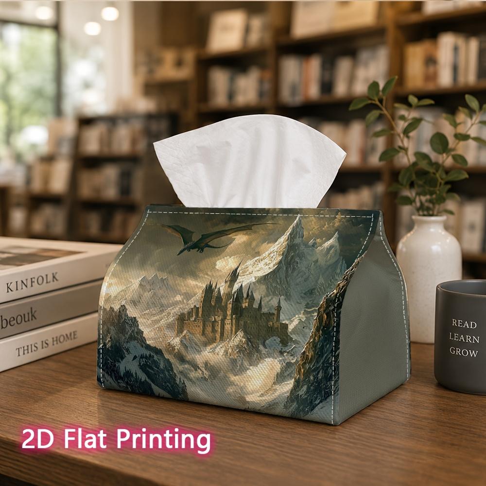 1pc, 2D Flat Printing, Tissue Box Epic Battle: Dragon And Castle Pattern Printed Tissue Box, Suitable for Bathrooms, Living Rooms, Bedrooms, Dressing