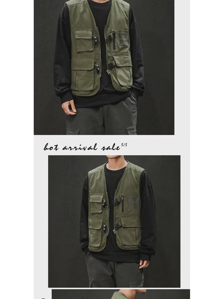Американо-японский тактический жилет без рукавов с множеством карманов для молодежи на весну и осень
