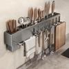 Настенный держатель для ножей и кухонной утвари с многофункциональной полкой для хранения без сверления
