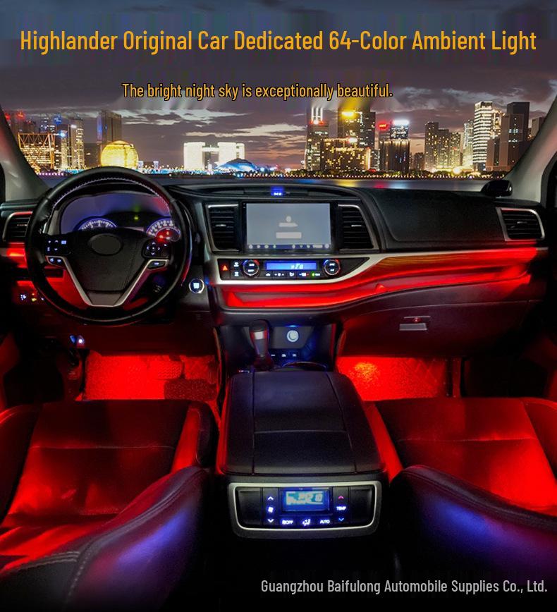 64-цветная атмосферообразующая подсветка для Toyota Highlander: Динамическое освещение салона с 18 режимами