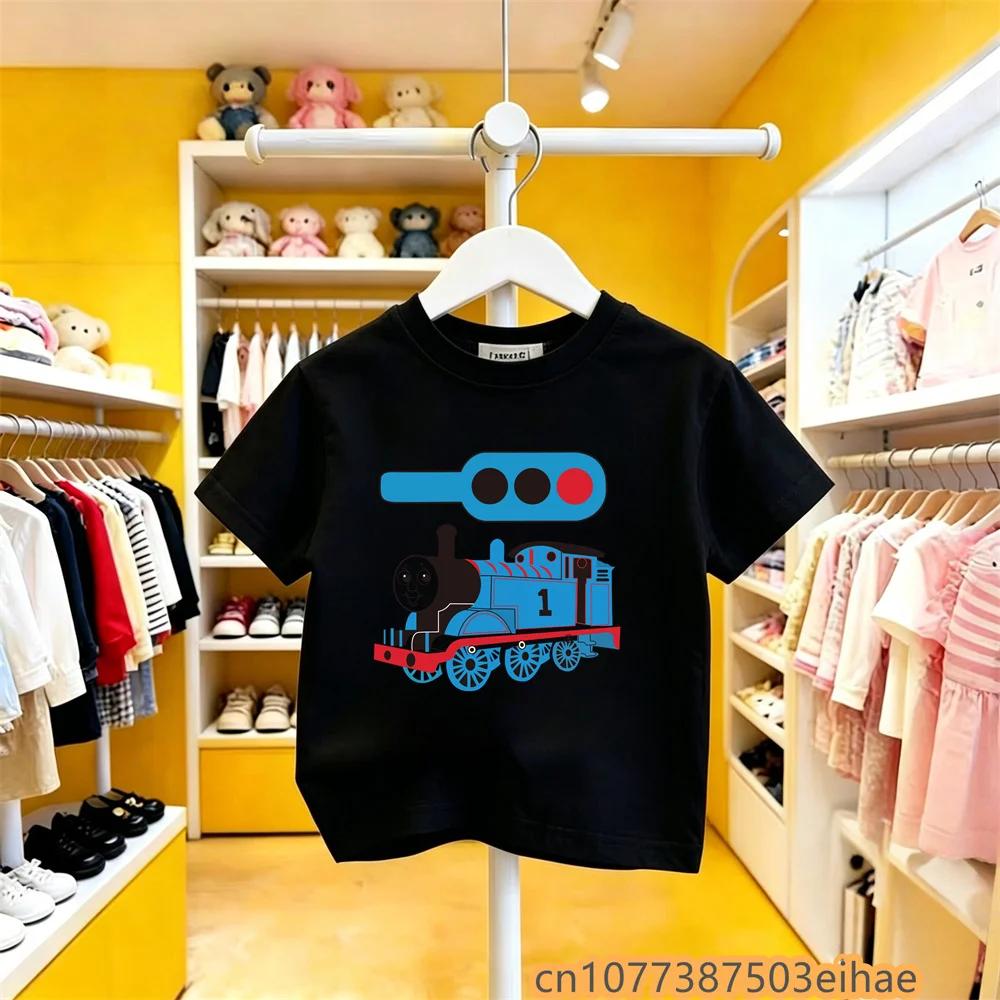 Summer Outdoor Tshirt Toddler Kids Thomas Train Cartoon Print Pure Cotton Short Sleeve Y2K Cute Fun Trendy Apparel
