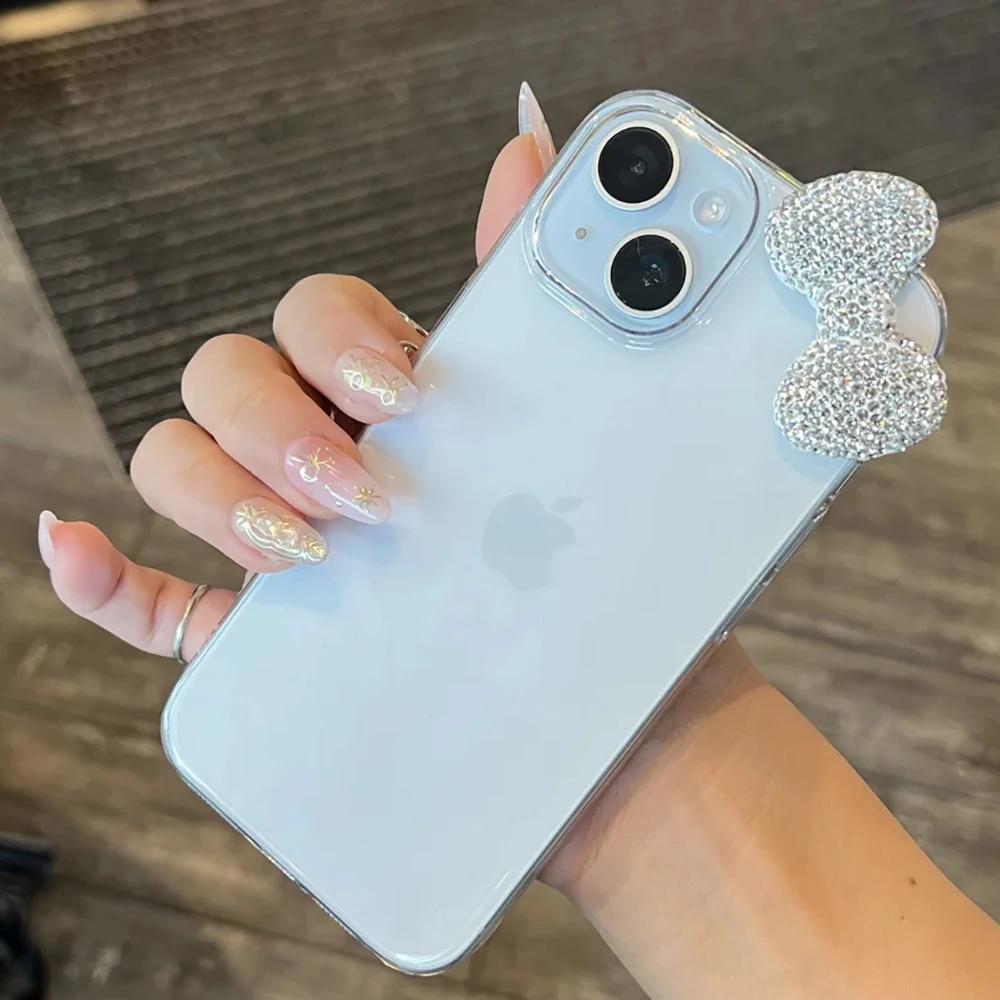 Роскошный блестящий 3D чехол для телефона с бриллиантовым бантом для iPhone 17 16 15 14 13 12 11 Pro Max XR XS 7 8 Plus Прозрачный акриловый противоударный чехол