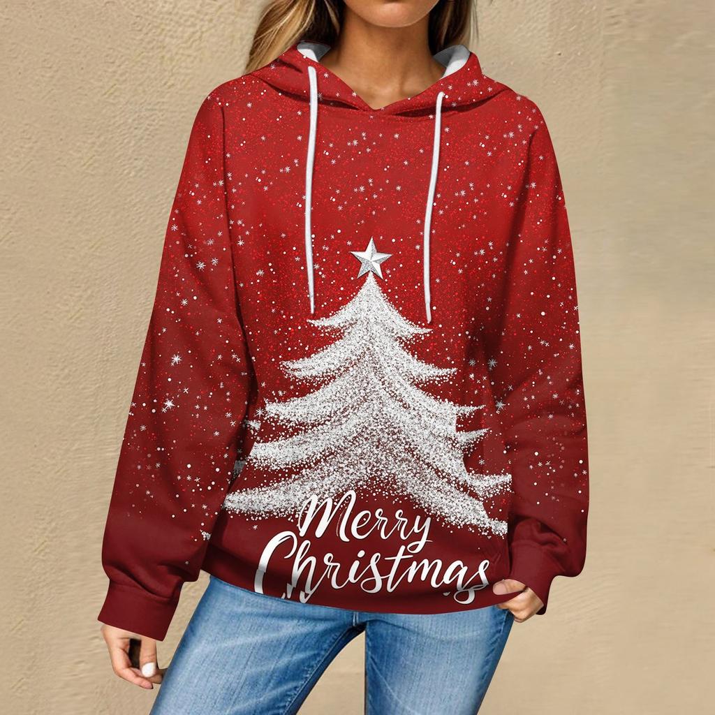 Женская повседневная мода рождественский принт длинный рукав пуловер толстовки с капюшоном свитшоты