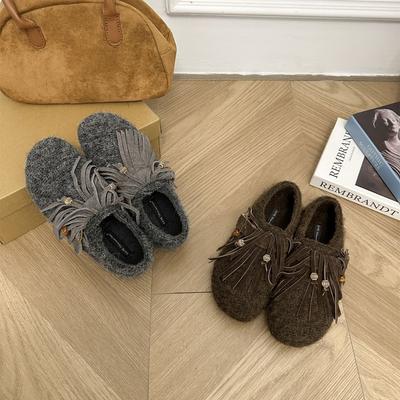 2025 осень и зима новая круглая голова на шнуровке на толстой подошве с бахромой на мягкой подошве теплые женские туфли