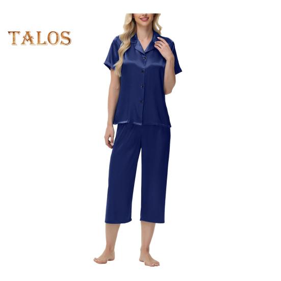 2 шт./комплект пижамы Ice Silk, рубашка с длинным рукавом и застежкой на пуговицы, эластичный пояс, широкие укороченные брюки, домашняя одежда, повседневный наряд, весенняя одежда для сна