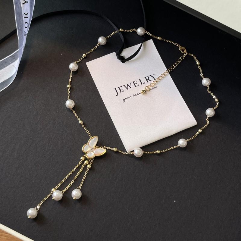 Elegant Butterfly Pendant Necklace With Freshwater Pearl Shell Tassel Lightweight Layered Locket Chain Women 2025