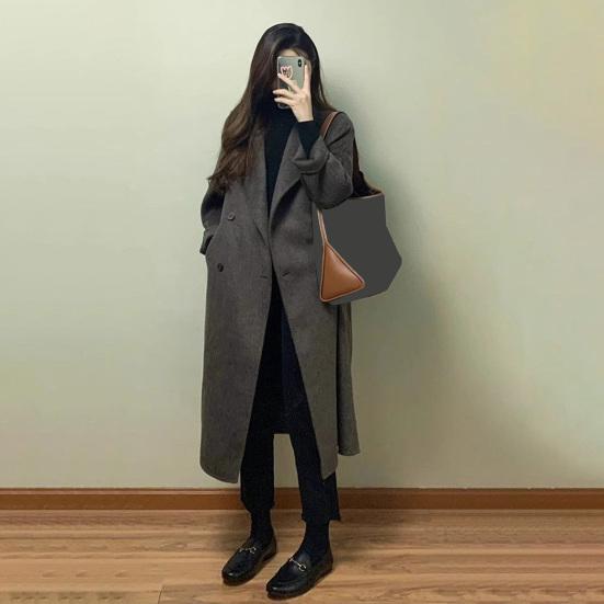 Женское длинное шерстяное пальто двубортное пальто-бушлат повседневное с длинным рукавом лацкан с вырезом тренч