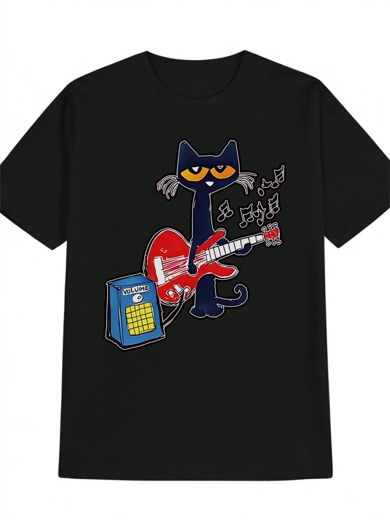 Casual Black T-shirt with Cartoon Cat & Guitar Print - "I'm a Musician" Design