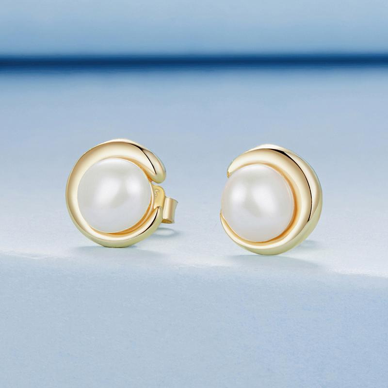 BAMOER 925 Sterling Silver Pearl Stud Earrings Freshwater Pearl For Women Grace Evening Accessories Plated Gold Fine Jewelry