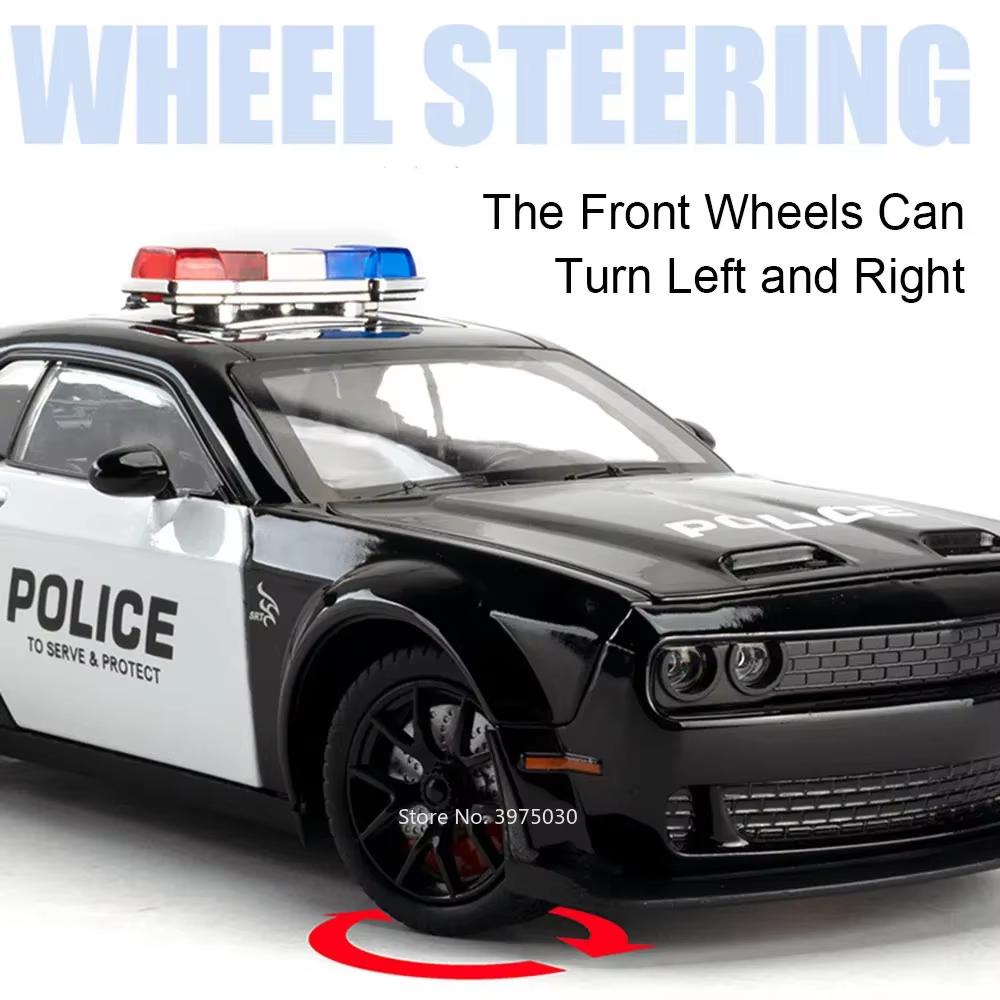 New 1:24 Police Car Hellcat Model Toy Rubber Tire Miniature Sound and Light Pull Back Light Music Vehicle Boy Collection Ornaments Adult Gift