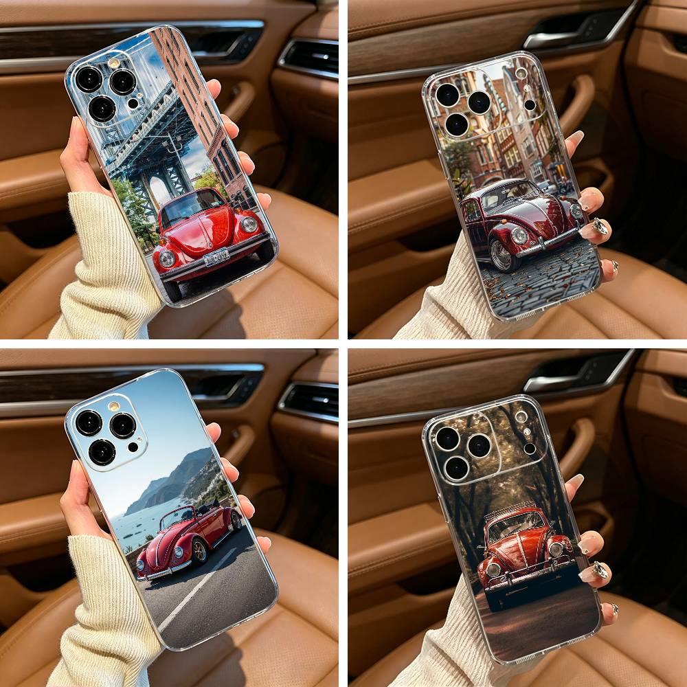 Винтажный чехол для телефона в стиле ретро-автомобиля Beetle для iPhone17,16,15,14,13,12,11 ,Pro Max,16/15/14 Plus Прозрачная крышка