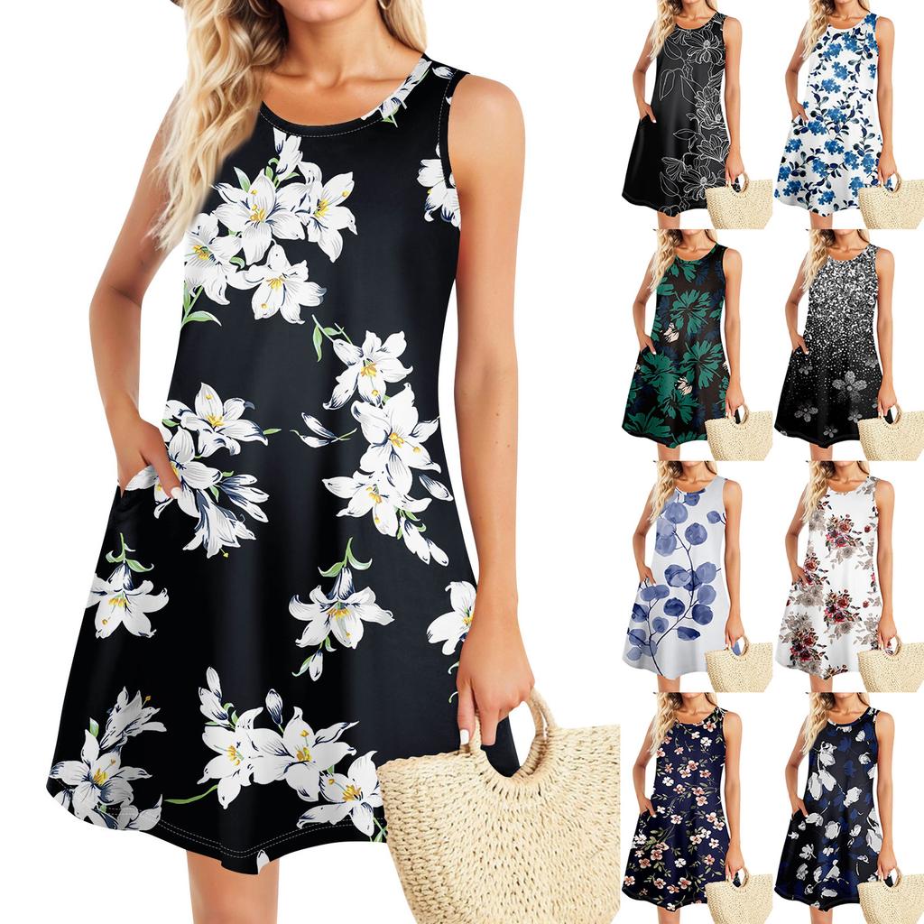Summer Dresses For Women Beach Boho Sleeveless Printing Flowy Pocket Tshirt Tank Sundresses