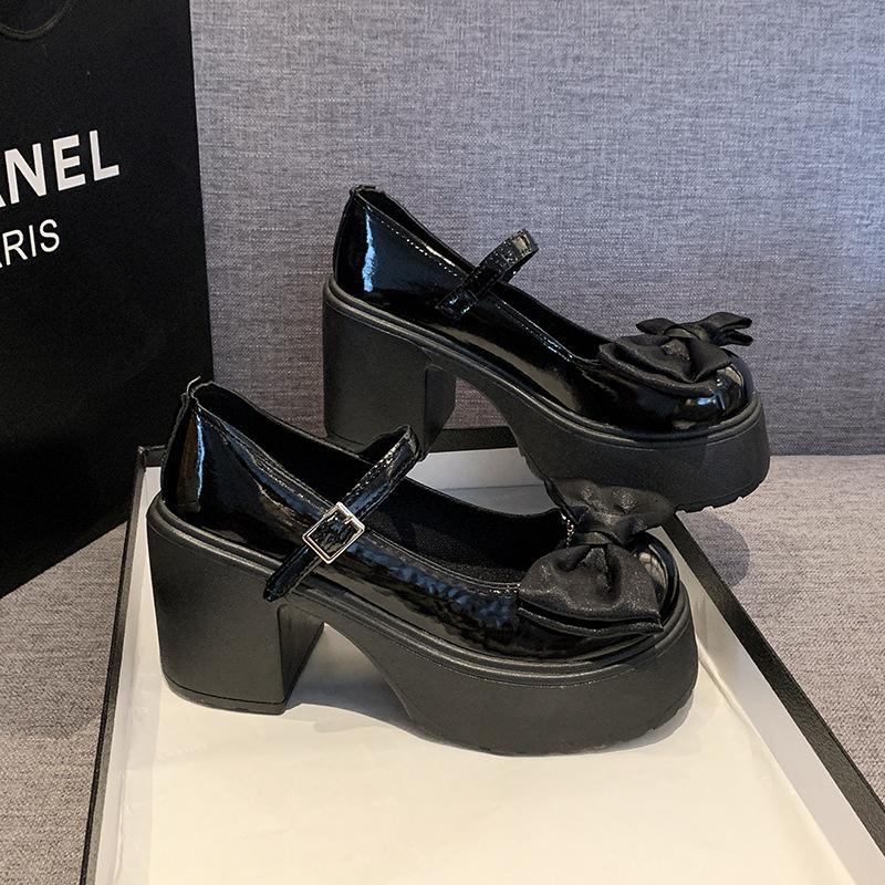 Летние новые туфли Мэри Джейн на грубом каблуке Модные туфли-лодочки с бантом на толстом каблуке с круглым носком Модные уличные туфли в стиле Лолиты