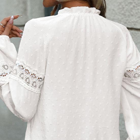 Женская рубашка с круглым вырезом и длинным рукавом-фонариком, пуловер, топы из однотонного жаккардового узора, кружевная отделка, блузка на шнуровке