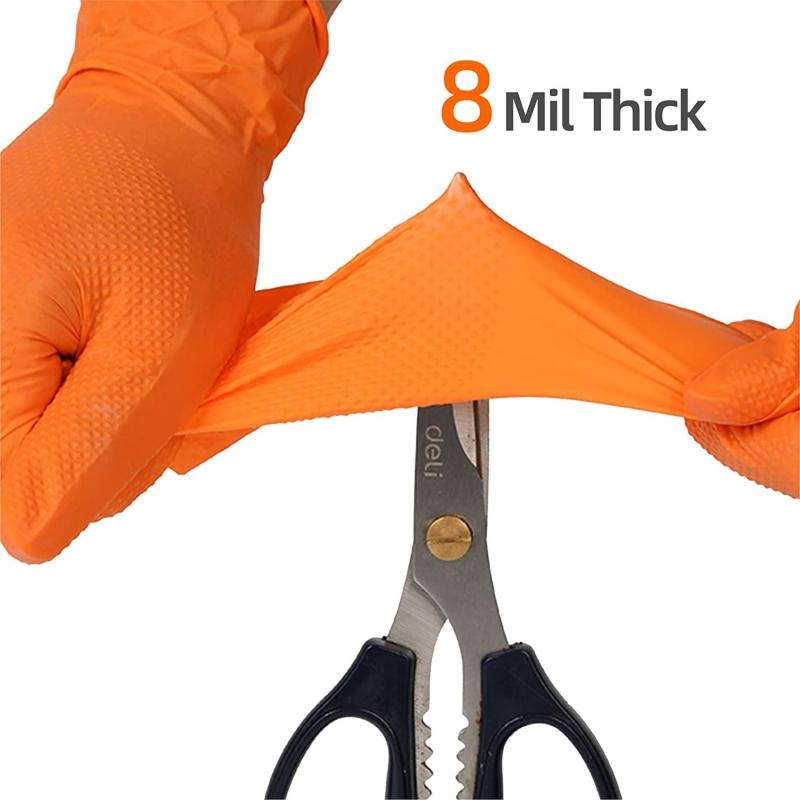 8Mil Heavy Duty Orange Nitrile Gloves Disposable Anti-Slip Gardening Gloves with Diamond Textured Grip Working Cleaning Gloves