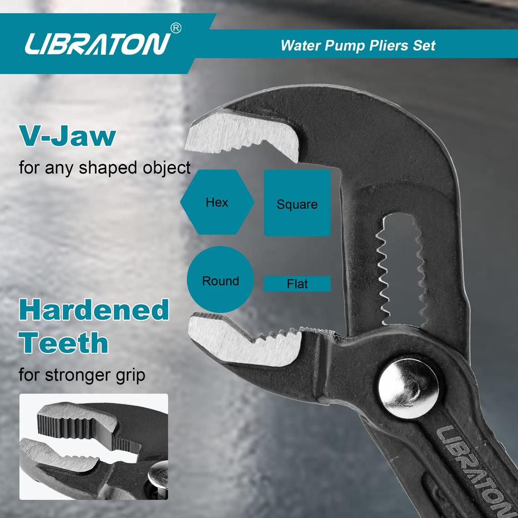 LIBRATON Water Pump Pliers Plumbing with Case Pliers, 3-Piece Set, 175mm, 240mm, 300mm, CR-V Steel, Wrench, Tool,