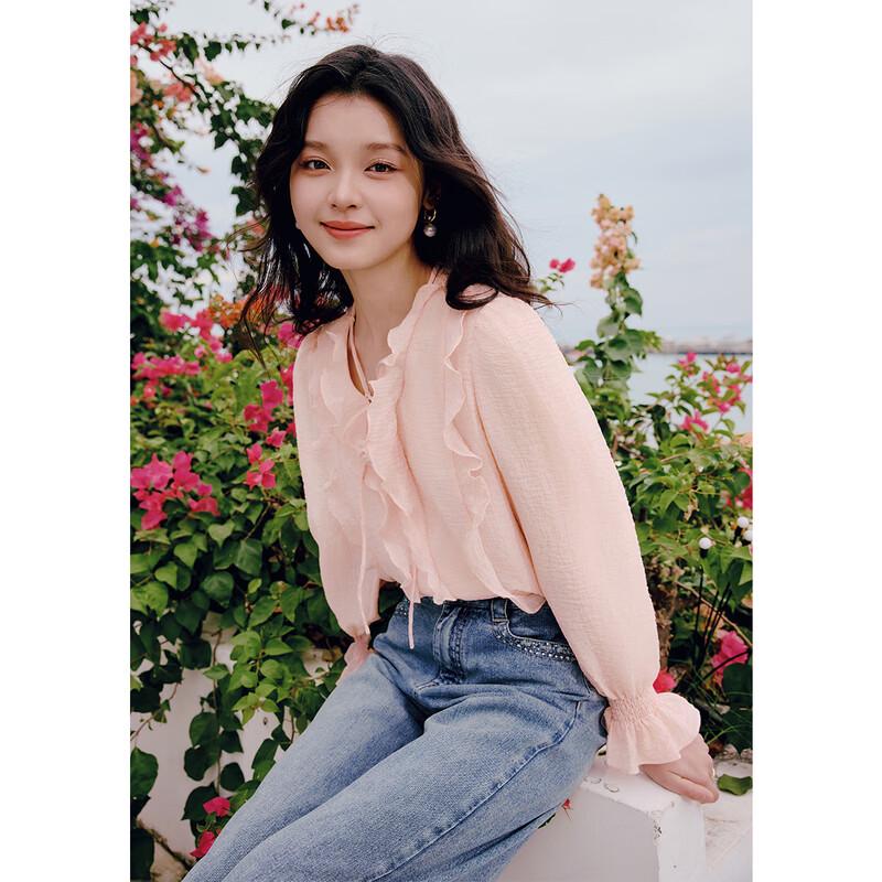 Qiu Shui Yi Ren Elegant Ruffle V-Neck Chiffon Blouse