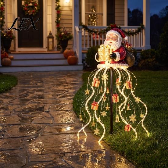 Decorative Solar Pathway Lighting Santa Claus Christmas Garden Light, LED Holding Gift Box Yard Stake Festive Display for with Cascading String Lights