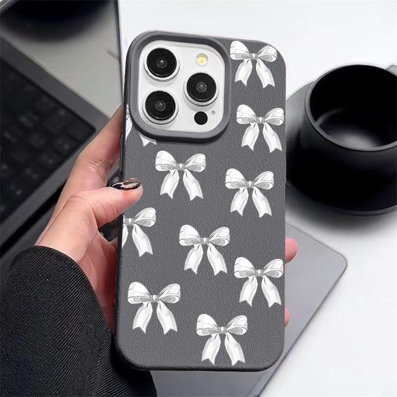 Кожаный текстурный TPU противоударный чехол для iPhone 16 Pro Max 15 14 Pro 13 12 11 с узором бант тонкий матовый мягкий чехол для телефона