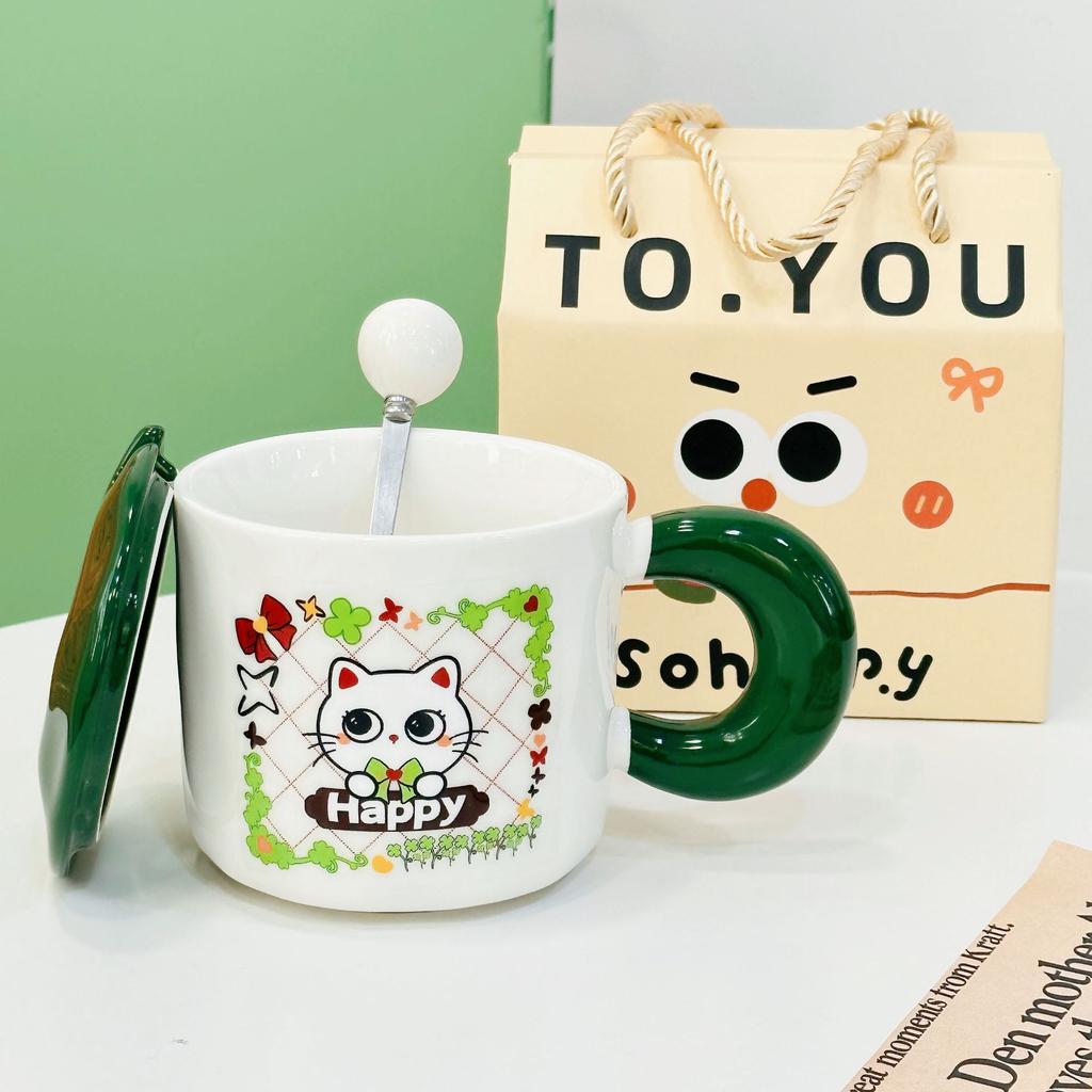 Cute Cartoon Cat Ceramic Cup Girls Mug with Lid Spoon Household Gift Box Water Cup High looking Gift