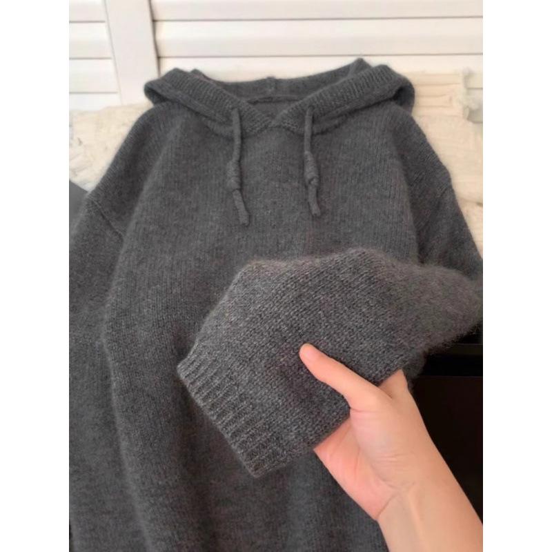 100% Wool Grey Pullover Hoodie - Women's Thickened Cashmere Base Layer, Autumn/Winter.