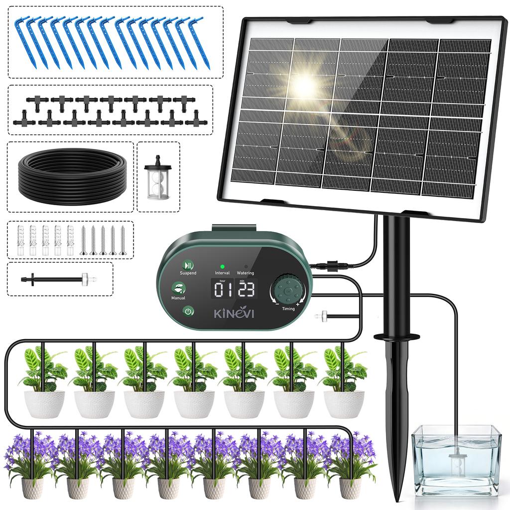 3W Solar Irrigation System for 15 Pots, Auto Watering System Kit with 15m Hose&Anti-Siphoning Suitable For Plant Vegetable Shrub
