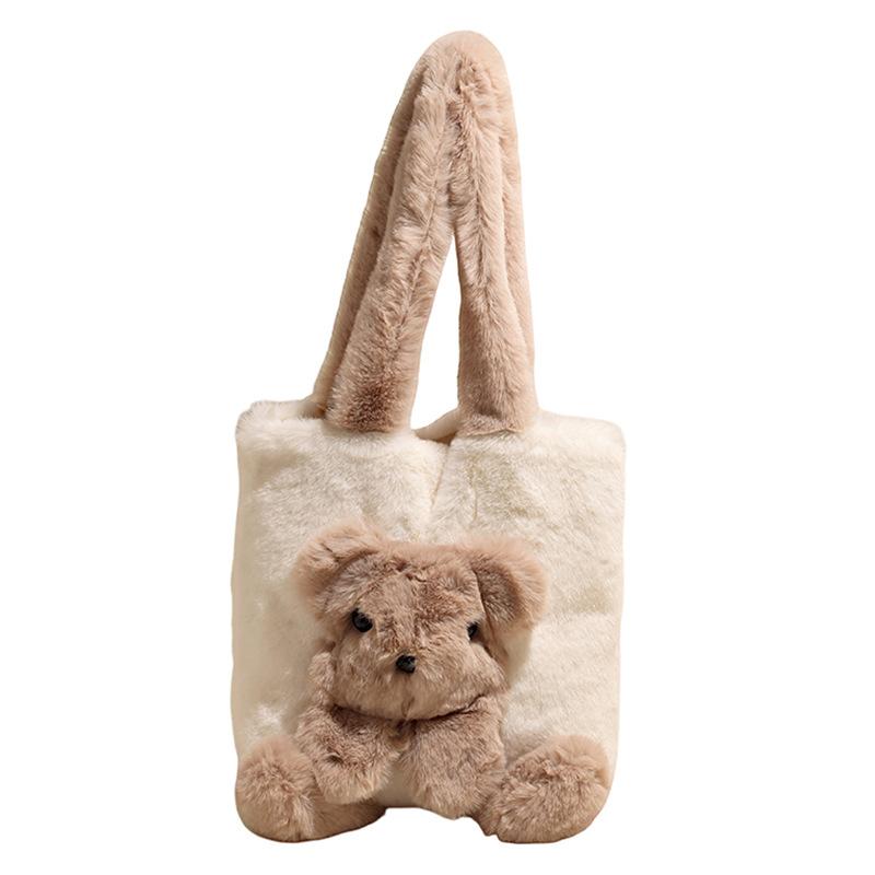 Autumn New Plush Handbag Cute Bear Women's Shoulder Bag High Value Fashionable Plush Simple Bag