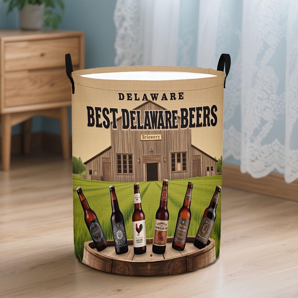 A Large Vintage Beer Print Laundry Basket, a Collapsible Laundry Hamper, an Upright High-Foot Laundry Basket, And a Foldable Laundry Tub, Laundry Bask