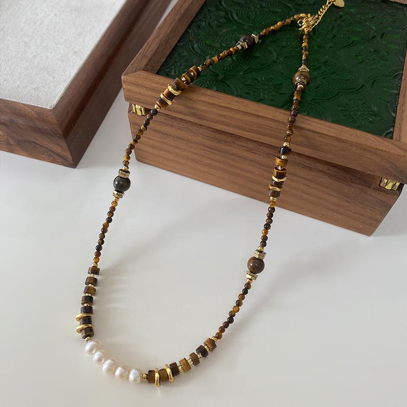Ожерелье из бисера «Тигровый глаз» с овальным узором Майяра, цепочка для свитера премиум-класса из титановой стали, винтажный кофейный оттенок, натуральный камень, ключичная цепочка