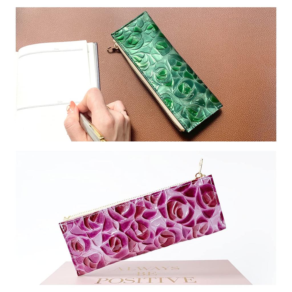 Пенал из натуральной кожи с тиснением розы Идеально подходит для Имеет мотив розы и фиолетовый Тонкий, компактный, простой, дизайн. женщины. витражный